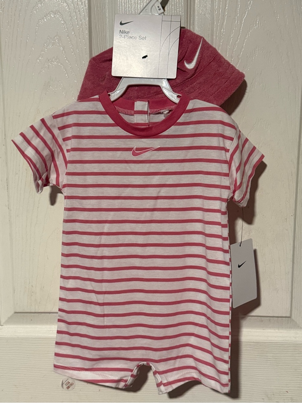Nike Pink & White Striped Kids Short-Sleeve Romper with Matching Hat